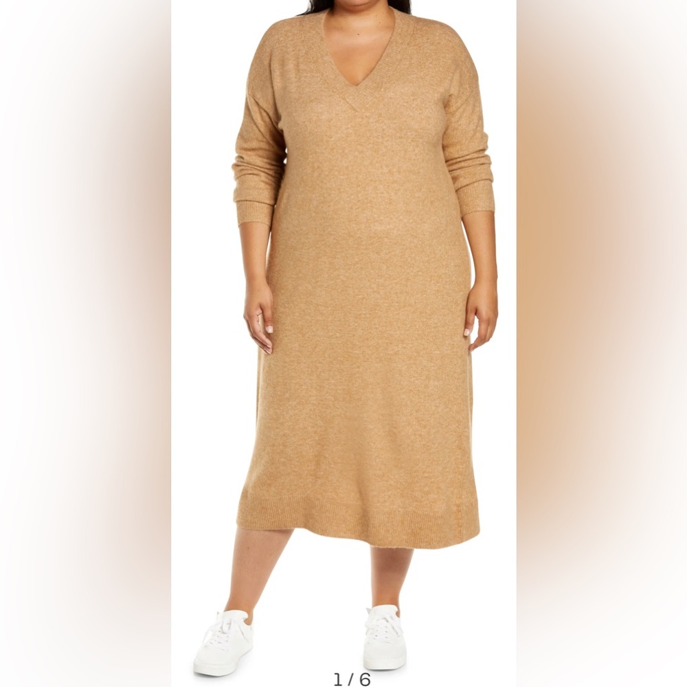 Caslon Tan V-Neck Long Sleeve Sweater Dress Size Small (4-6) NWT